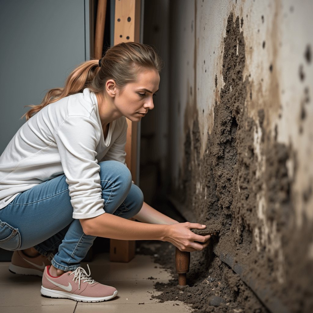 Woman inspecting mold on her home wall
